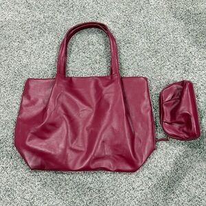 NWOT Neiman Marcus Maroon Burgundy Faux Leather Open Tote W/ Matching Pouch